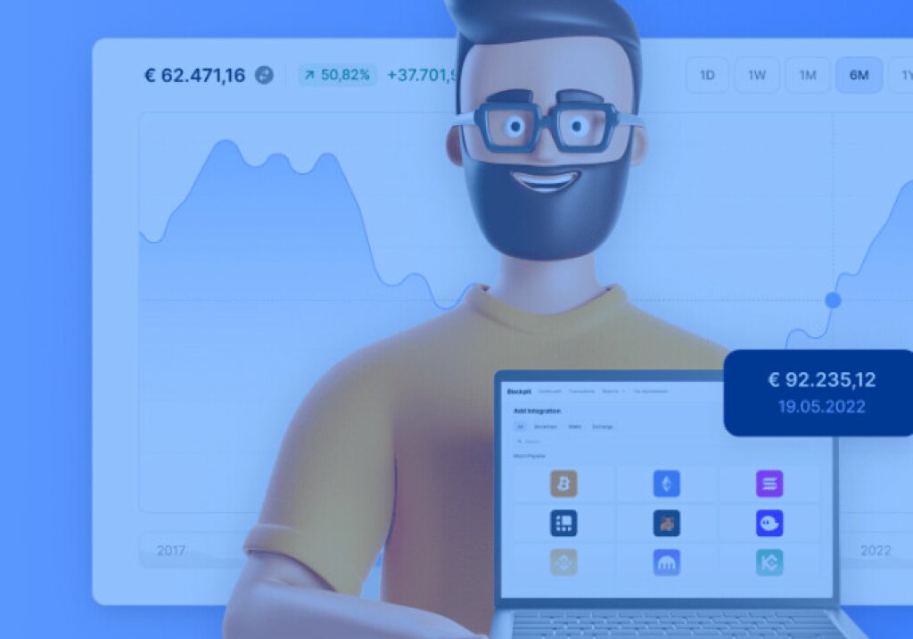 Illustration of man holding a computer with blockpit.